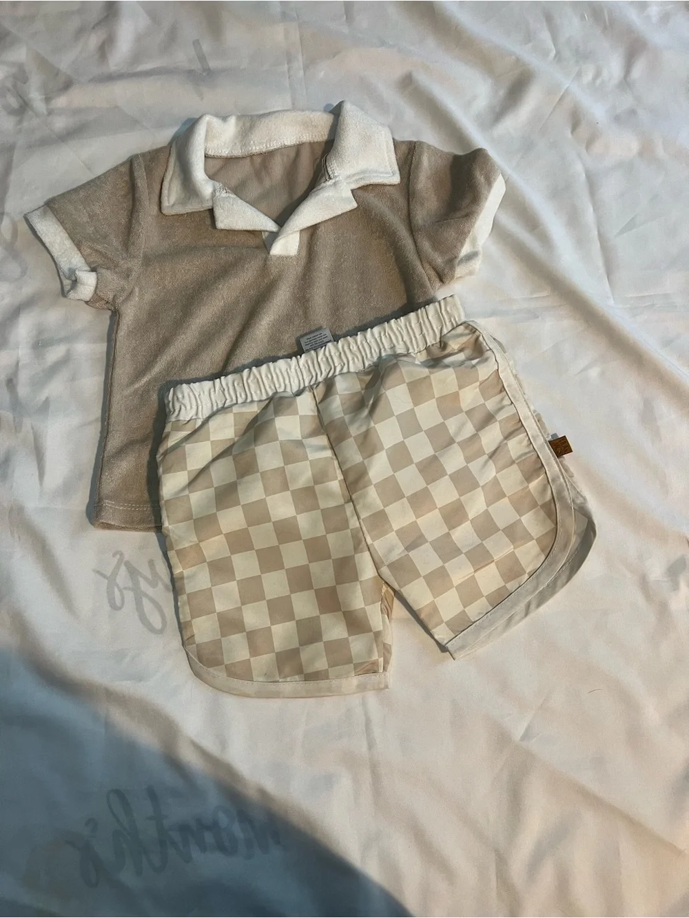 Lila & Jack Beige Terry Polo & Checkered Swim Shorts Set Neutral Two-Piece 2T